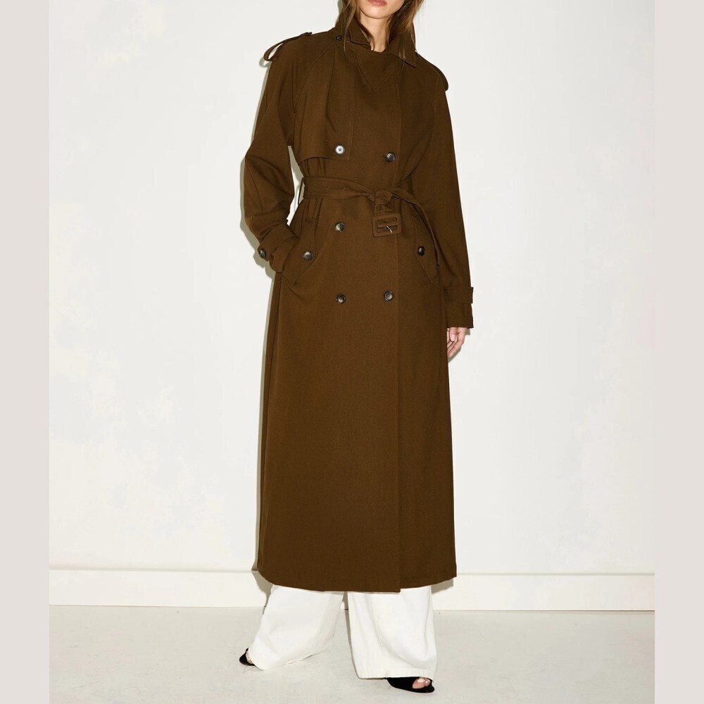 Olive Warm Brown Belted Double-Breasted Trench Coat with Storm Flap